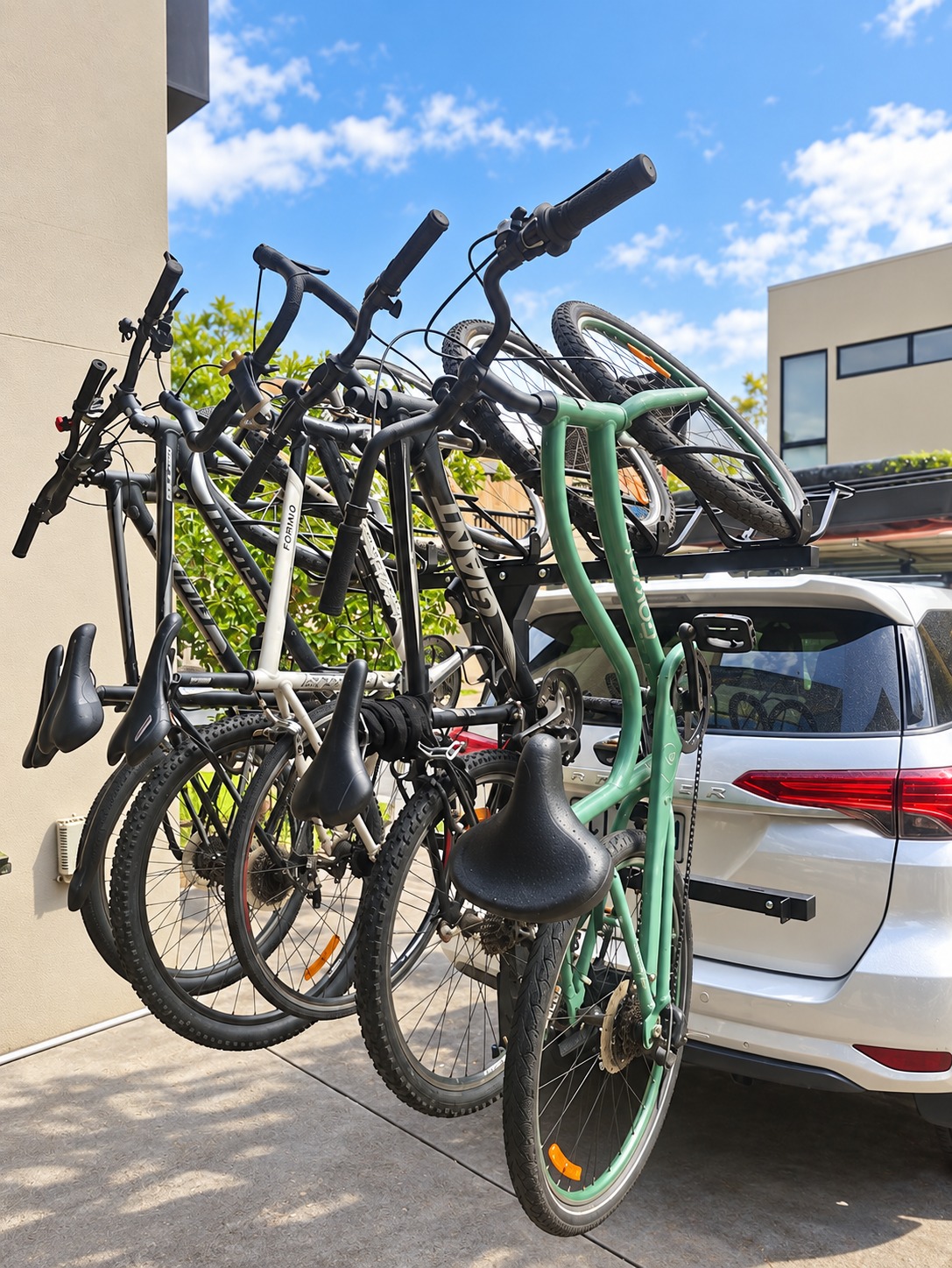 Bicycles secured on a carrying rack behind Leopardo