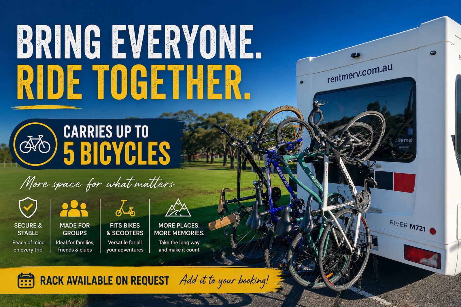 RentMeRV motorhome with bicycles on a group carrying rack